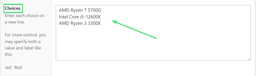 add choices for an advanced field