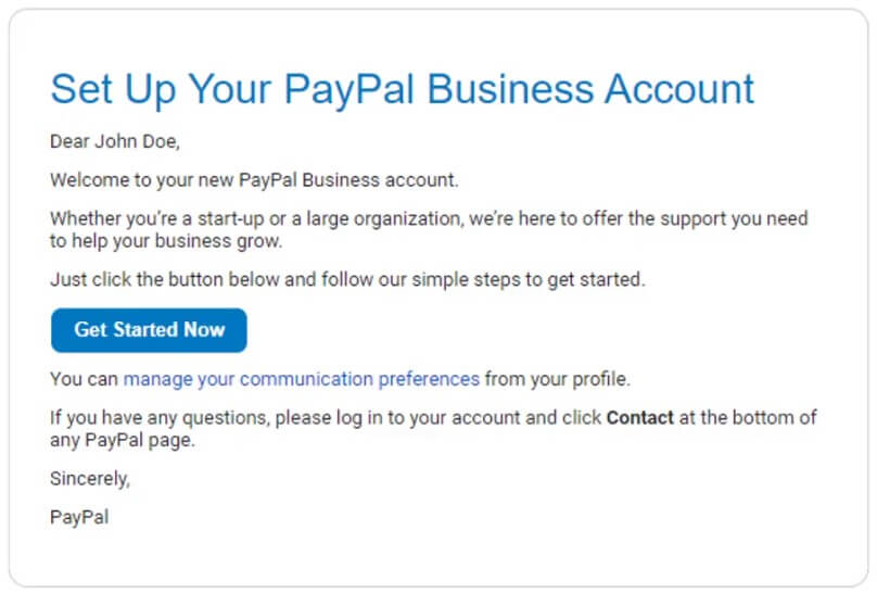 Business account setup email