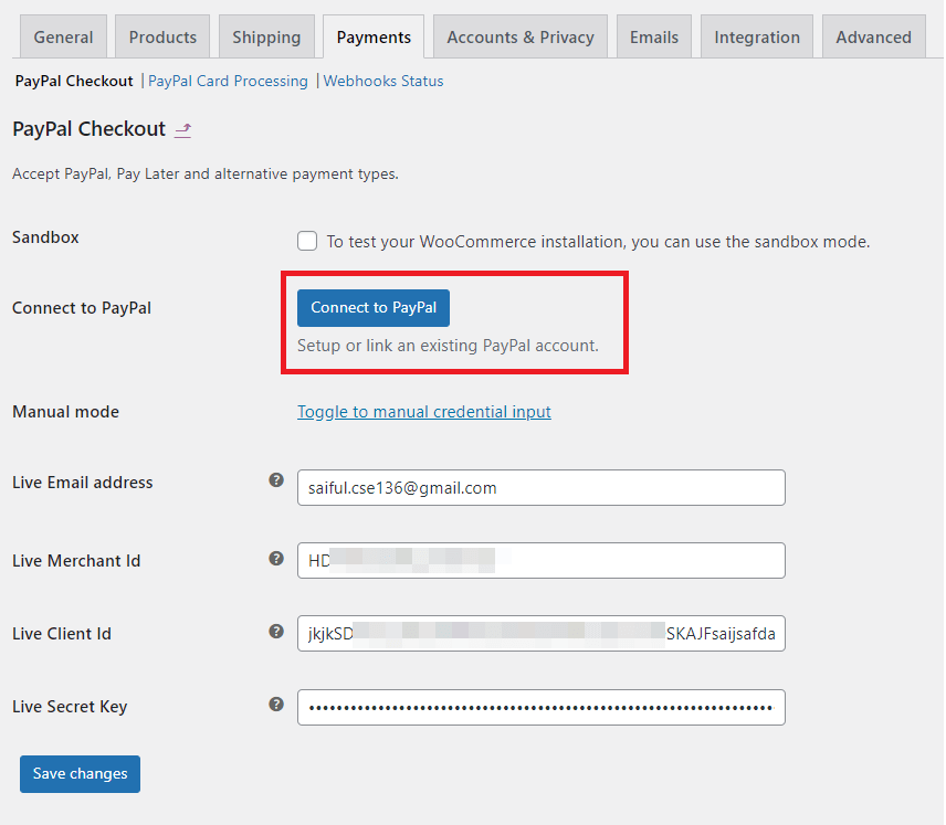 Connect to paypal button
