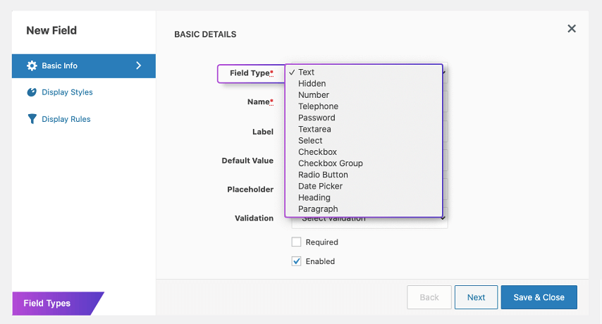 Field types of extra product options