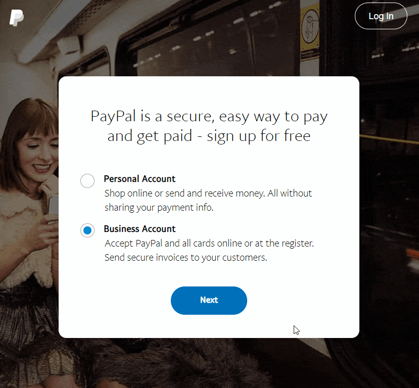 First step of PayPal business account creation