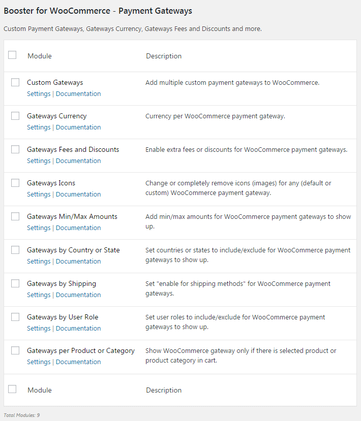 Payment gateways settings for booster