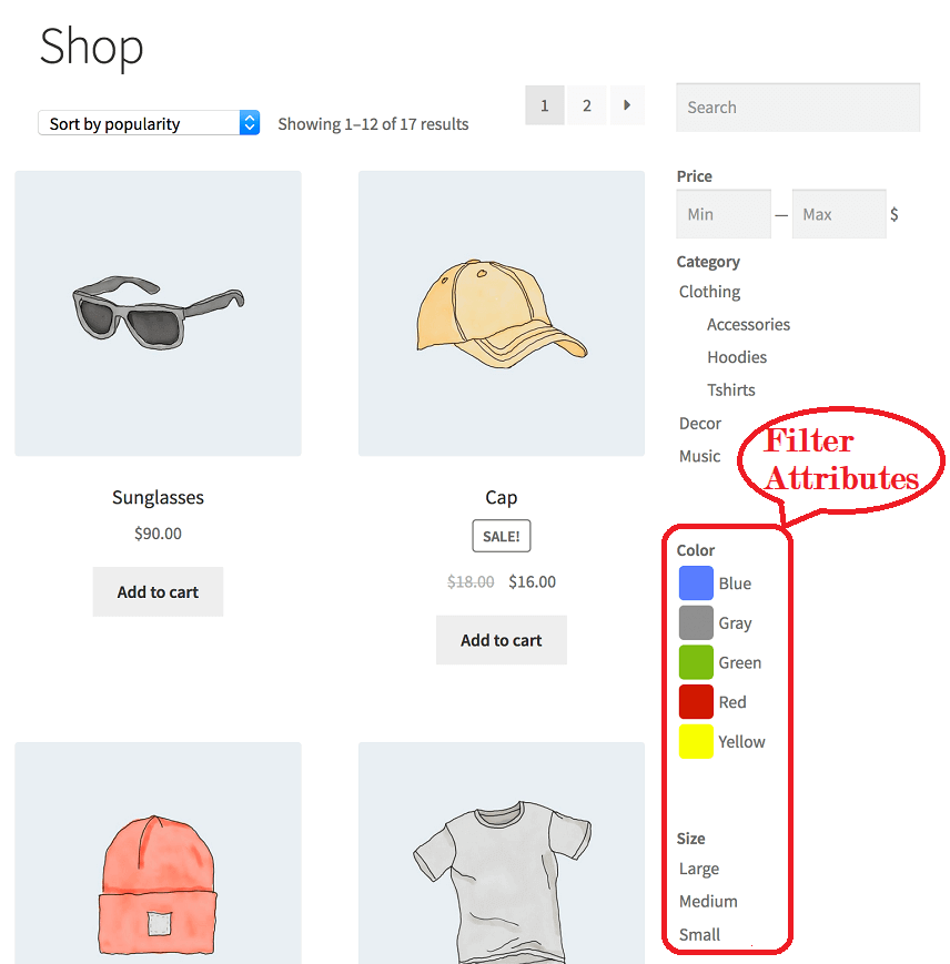 WOOF product filter attributes color and size
