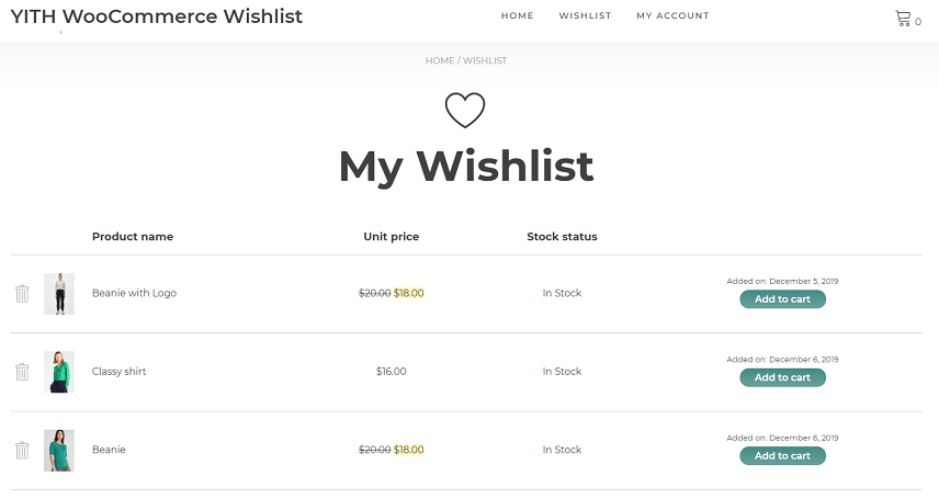YITH my wishlist page