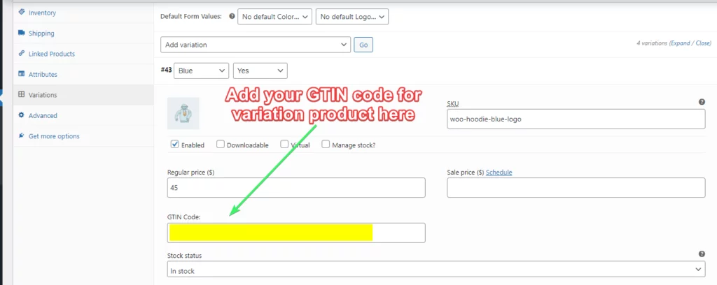 how to add GTIN code to variable products