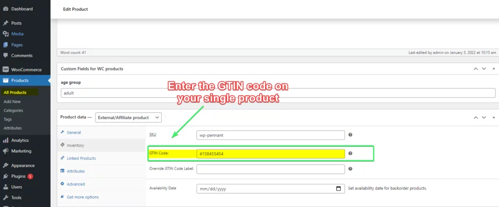 Enter the GTIN EAC ISBN code for your product on the single product page by going to the editing mode