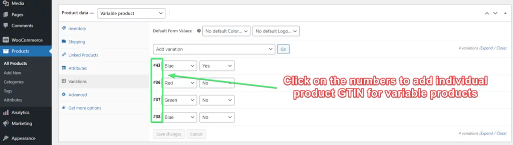 Click on the product numbers to add GTIN EAC MPN individually on WooCommerce variable products