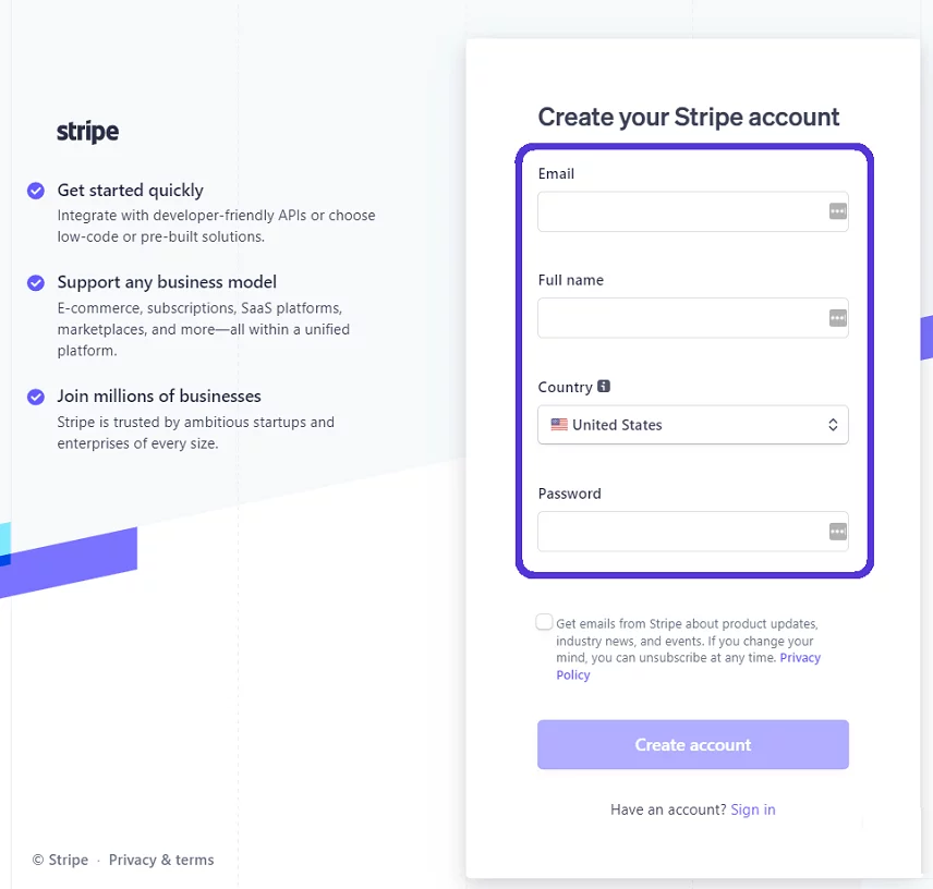 Creating a new Stripe account
