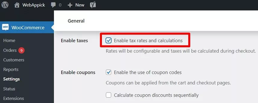 Enable tax from WooCommerce settings page