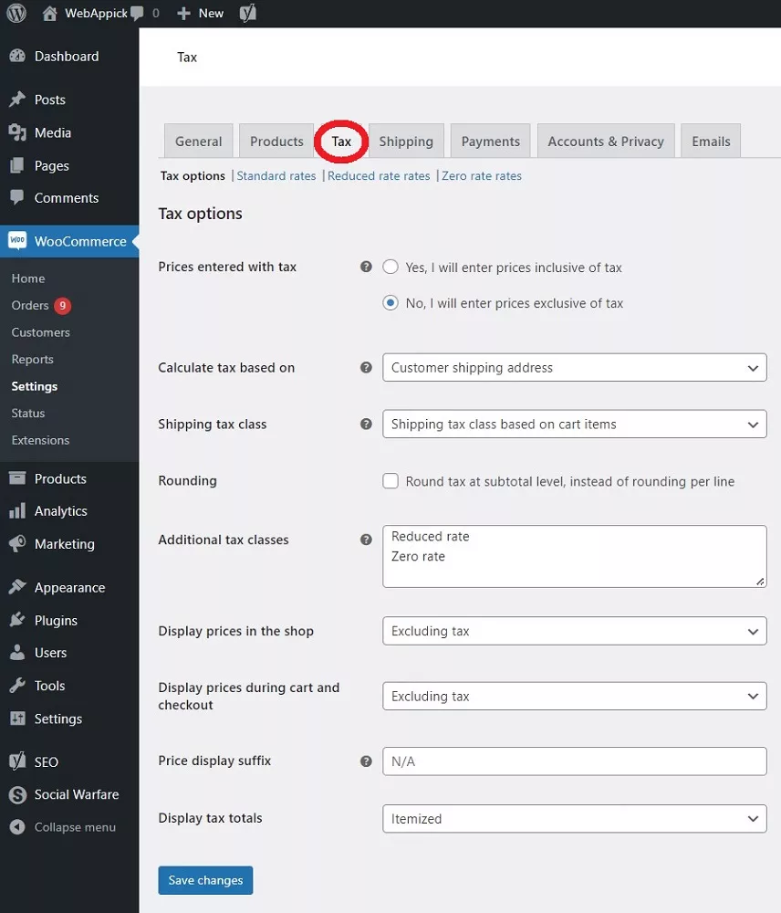 Tax settings page