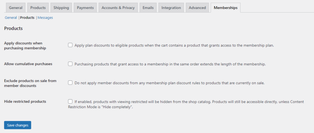 products tab memberships