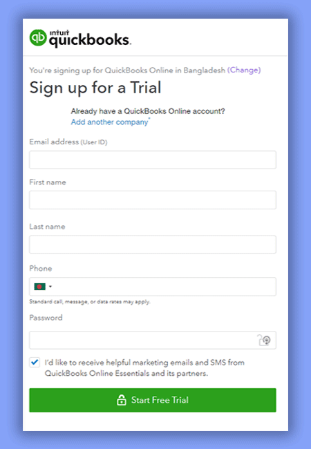Quickbook trial sign up information