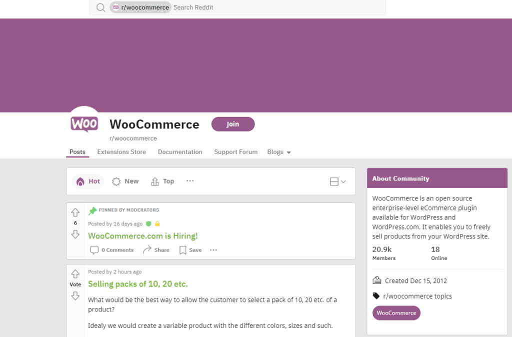 WooCommerce forum on Reddit for help and support