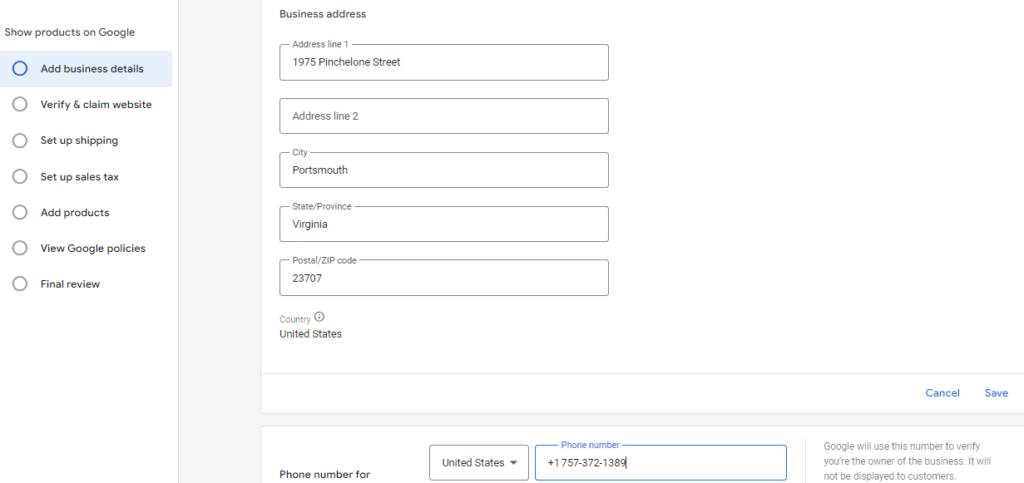 business details - WooCommerce Google shopping integration