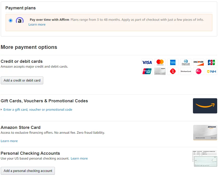 Amazon uses a variety of payment methods for customers