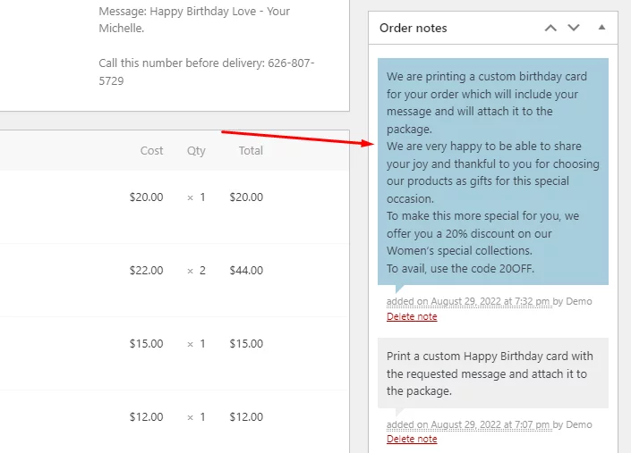 You can let your customers know about the progress of the order or send them custom messages using the Note to customers option.