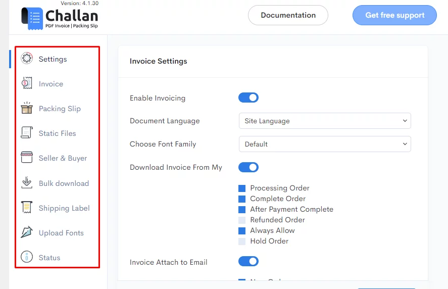 Using Challan pro you will see individual settings tab for packing slips, invoices, and shipping labels.