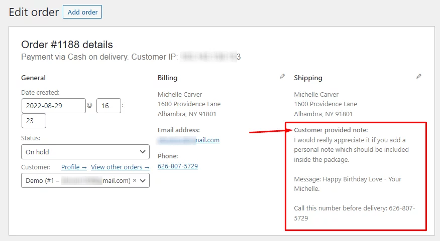 Customer provided note section, where you will find the purchase note WooCommerce your customer added.