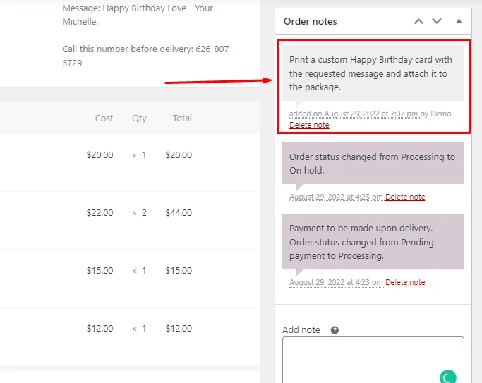 WooCommerce customer note is dedicated for shoppers to add personal notes or messages related to the order.