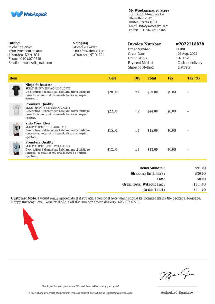 Add WooCommerce order notes in invoices and packing slips