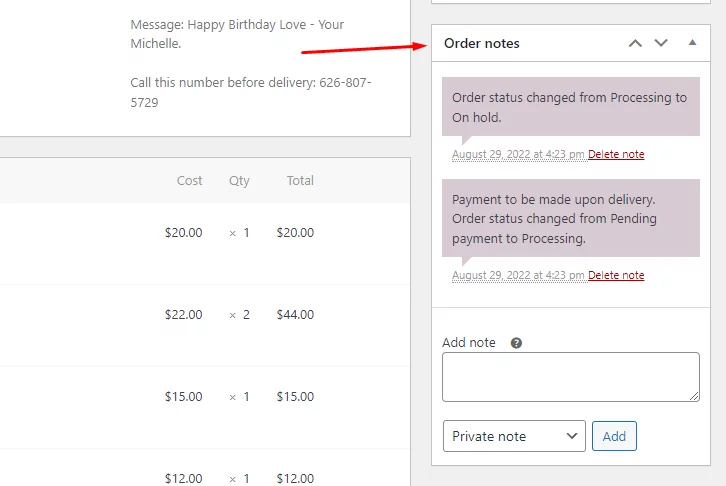 WooCommerce customer note is dedicated for shoppers to add personal notes related to the order.