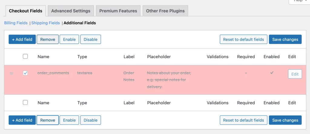 Select the ‘order_comments’ field and click on ‘Remove’ and save changes.