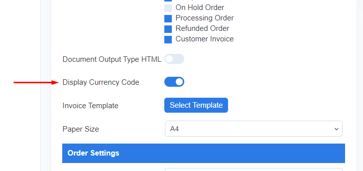 This will show the currency code, such as USD, EUR, etc., in your invoice