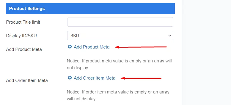 You can add a number of custom fields from Add Product Meta and Add Order Item Meta option