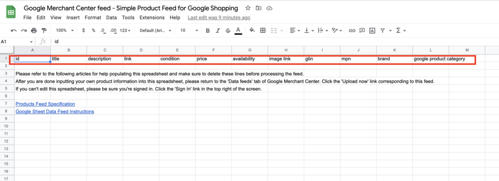 Google Sheet product data feed template by clicking on the “Access Google Sheet” button