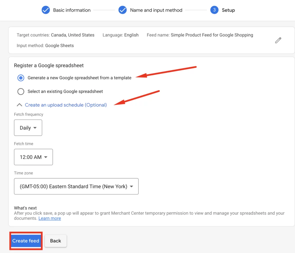 Register a Google Spreadsheet from the Setup tab