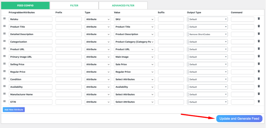 click on update and generate feed to complete making a pricegrabber product feed