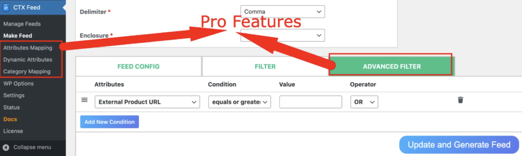 advanced filters, dynamic attribute, category mapping and other pro features