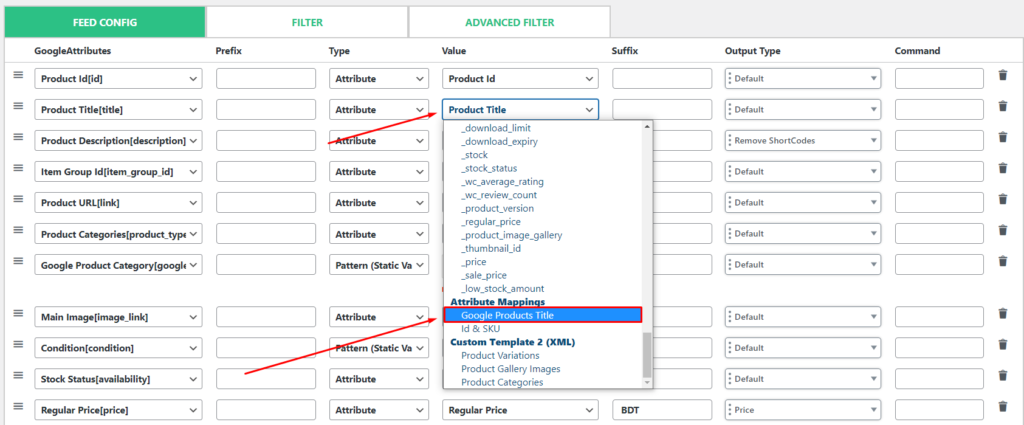 Feed config for attribute mapping