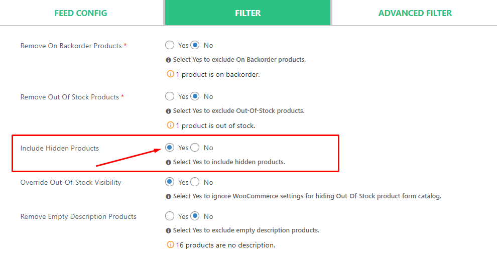 Include Hidden Products in your feed 
