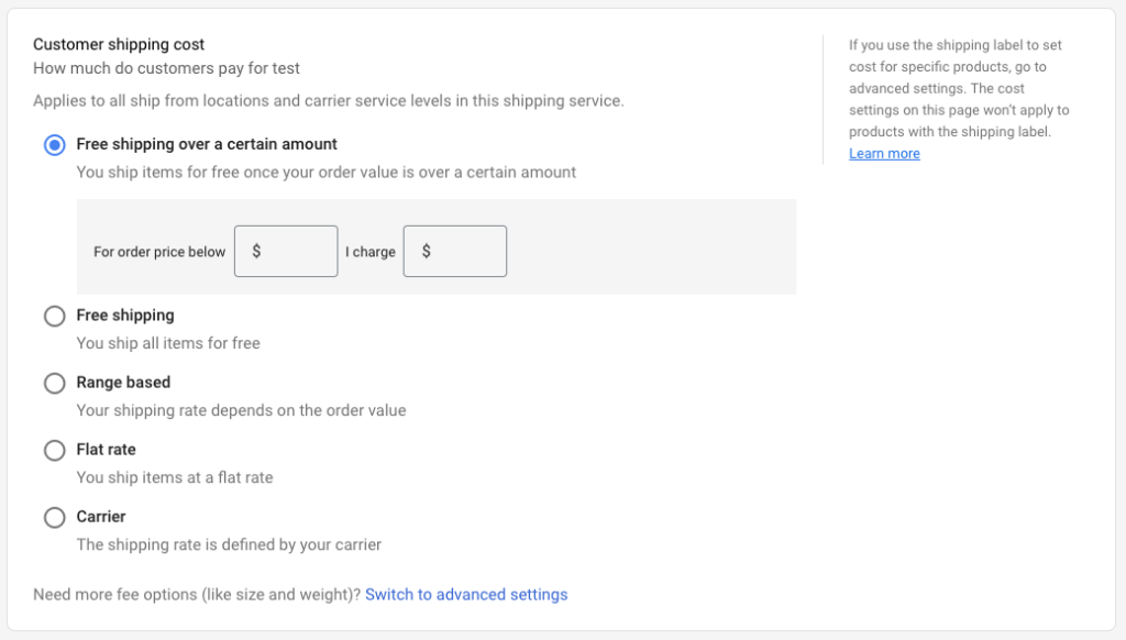 Configure shipping settings in GMC