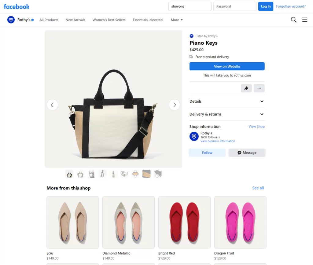 Facebook product detail page