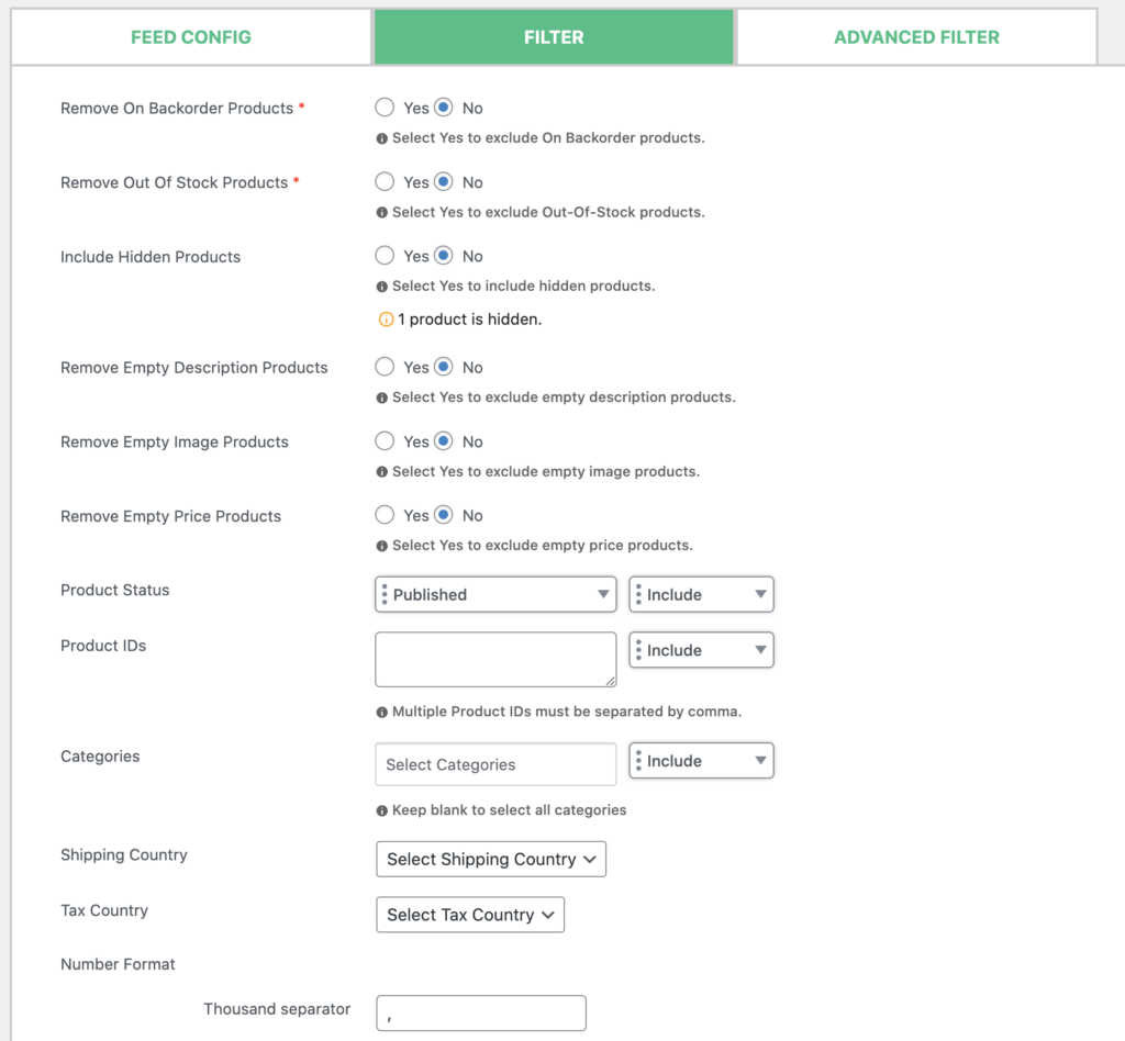 filter settings for criteo product feed