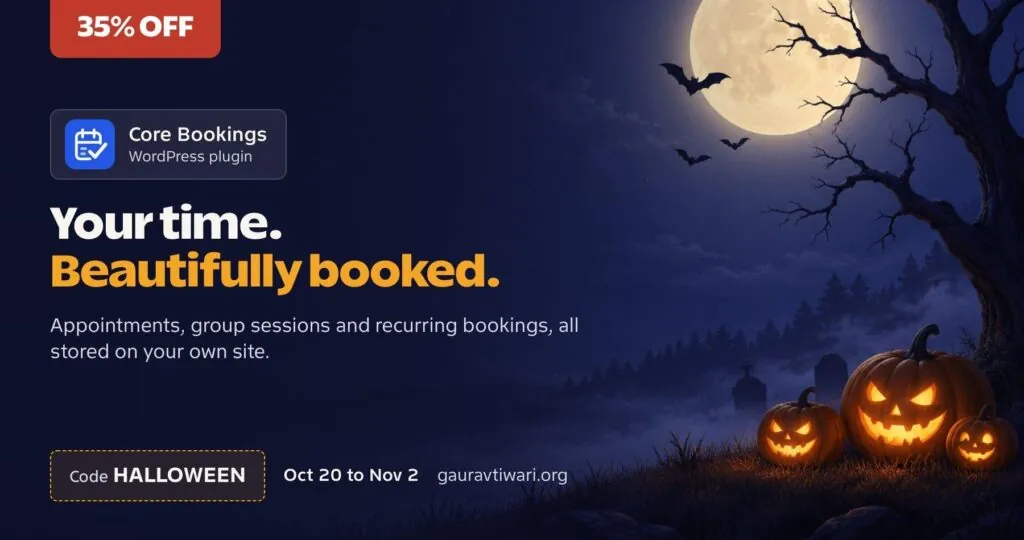 Core Bookings Halloween deal banner Core Bookings WordPress Halloween Offer