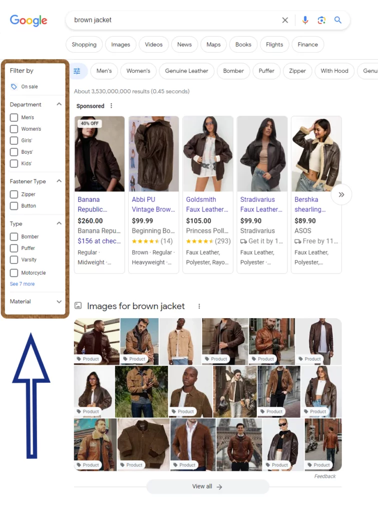 Google Shopping free listings filters