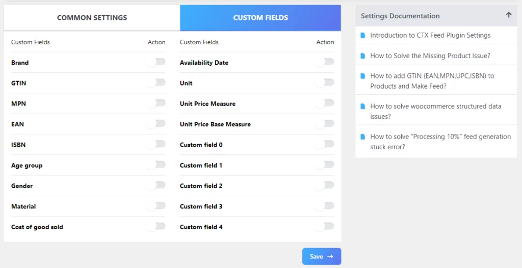 custom fields for Google Shopping data feed