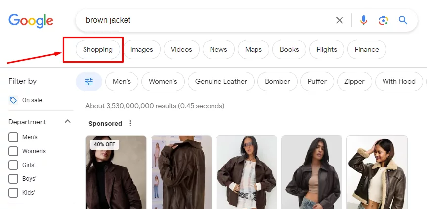 Google Shopping tab
