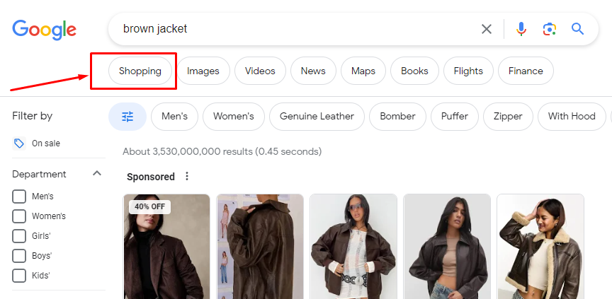 Google Shopping tab