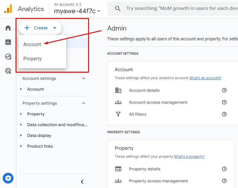Google Analytics create account
