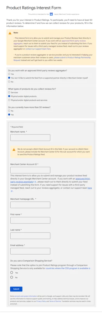 Google product ratings interest form