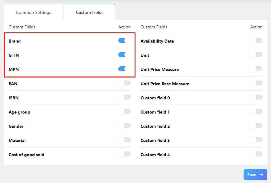 Enable CTX Feed custom fields