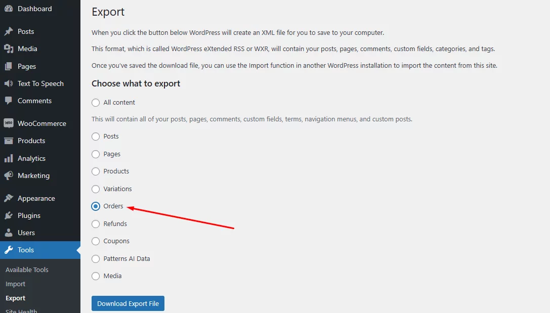 export orders from WooCommerce