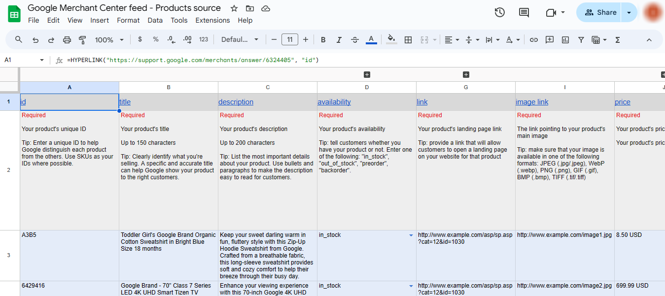 Google Sheets template