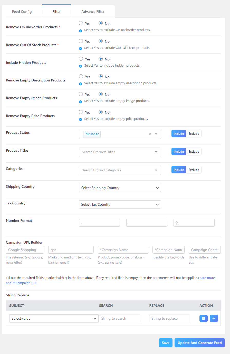 product feed filters