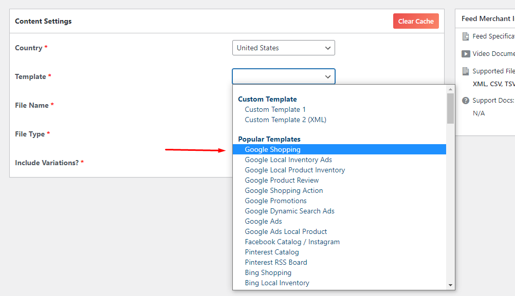 select Google Shopping template