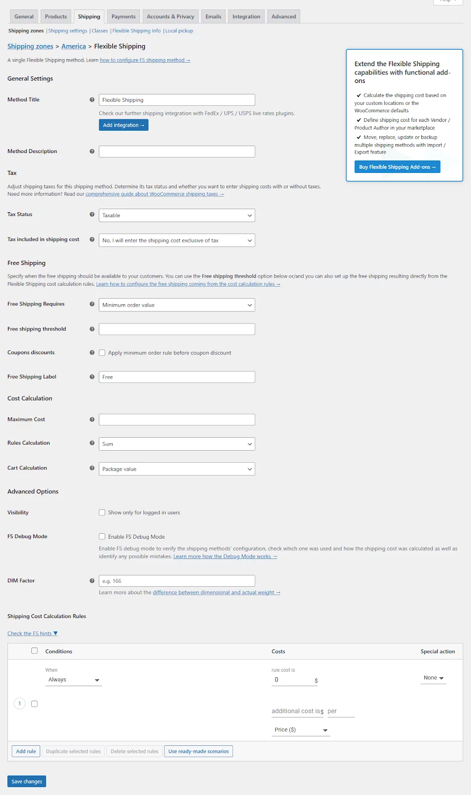 flexible shipping settings for WooCommerce quantity based shipping